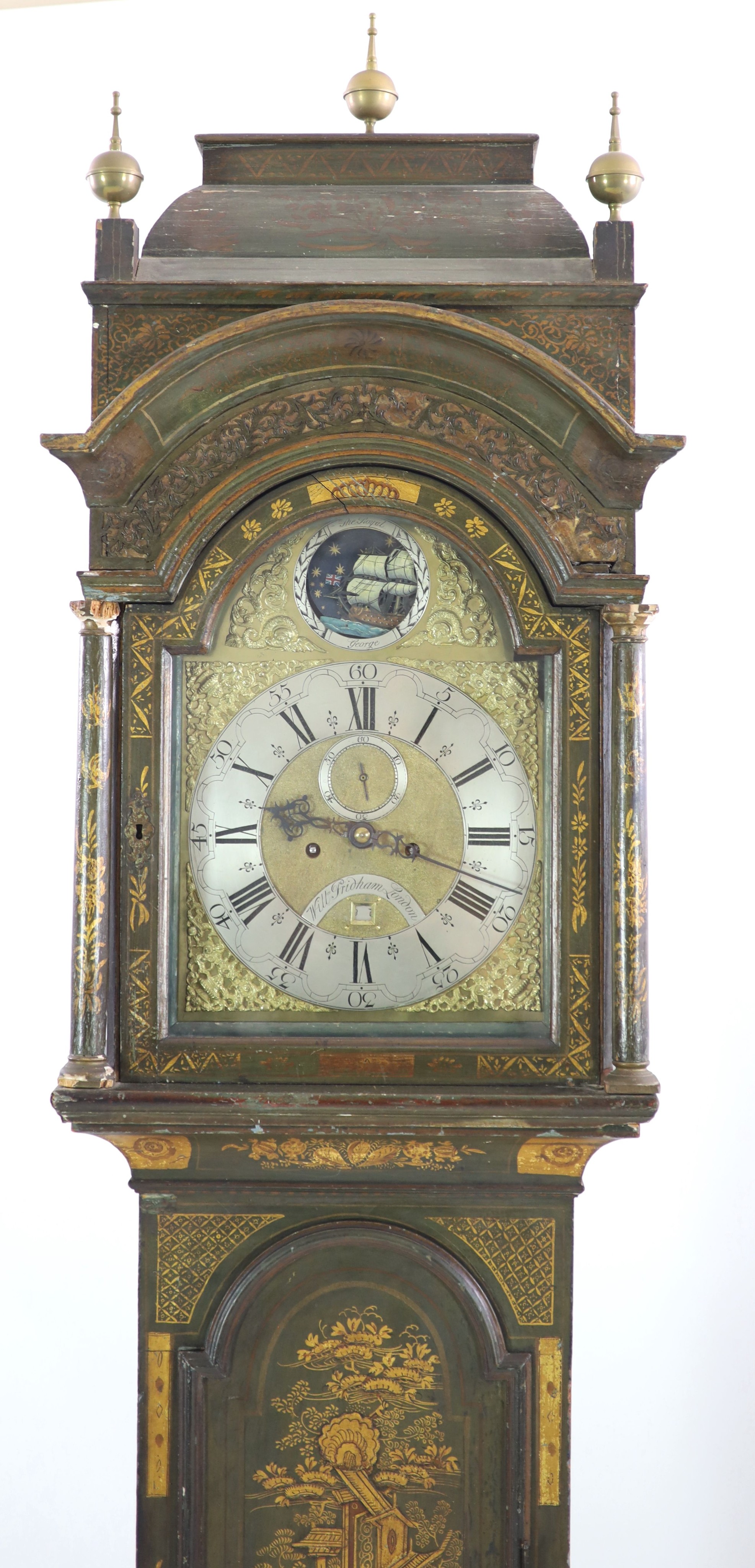 William Pridham, London. A George III green lacquered longcase clock, W.51cm H.136cm